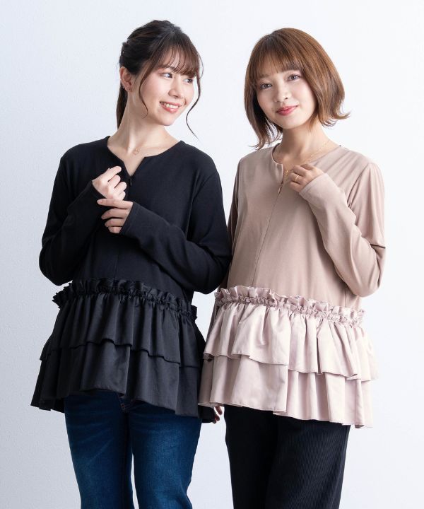 サテンフリル ペプラムトップス マタニティ [授乳 産前産後