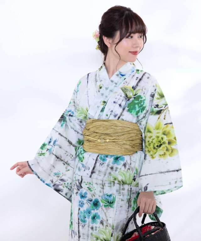【5/27までの出品】ラスト1点‼️蓮葉風アート柄 モノトーン浴衣セット モノトーン×しだれ桜柄浴衣2点セット ガーリー浴衣 平帯[品番