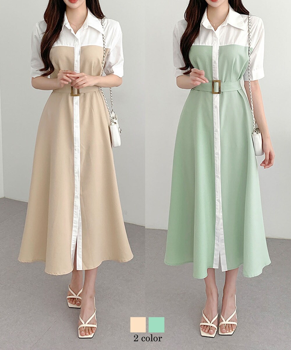 チュールバイカラー半袖シャツワンピース セール 40%OFF】バイカラースキッパー半袖シャツワンピース