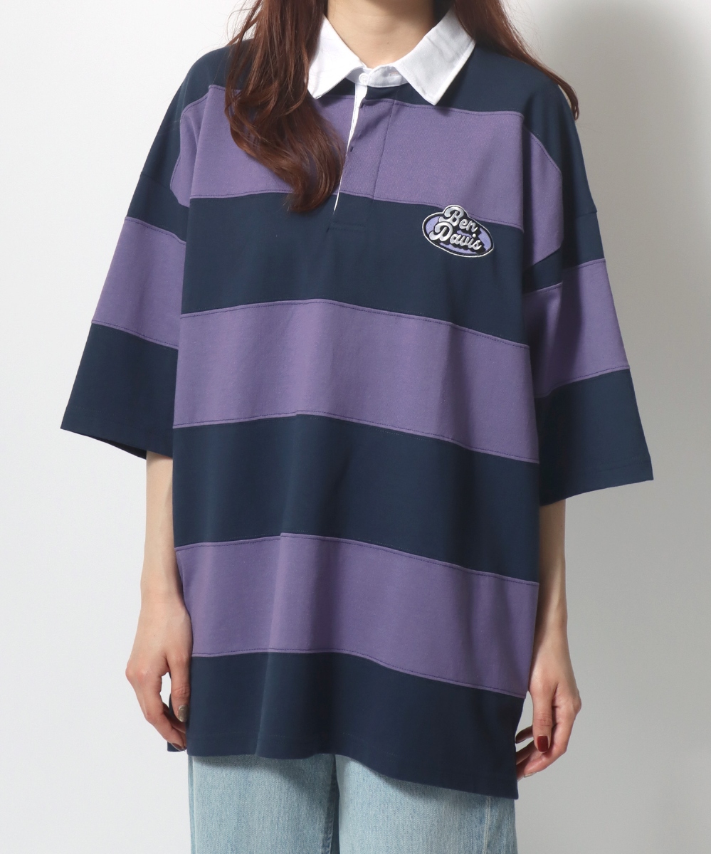 オーバーサイズ ボーダー ロゴ ワンポイント刺繍 半袖ラガーシャツ 