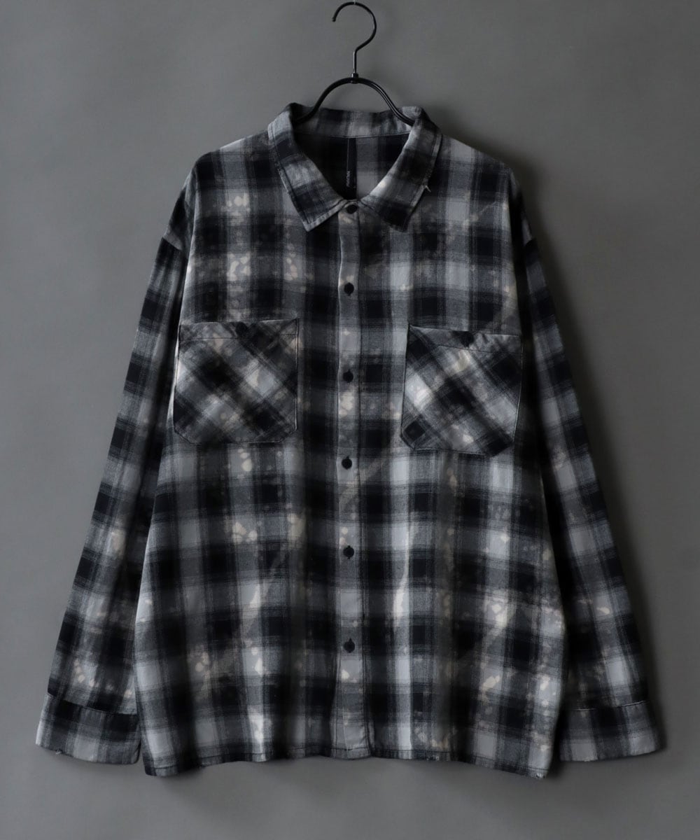 古着の風合いを再現】 ブリーチ加工 ダメージ オンブレチェックシャツ