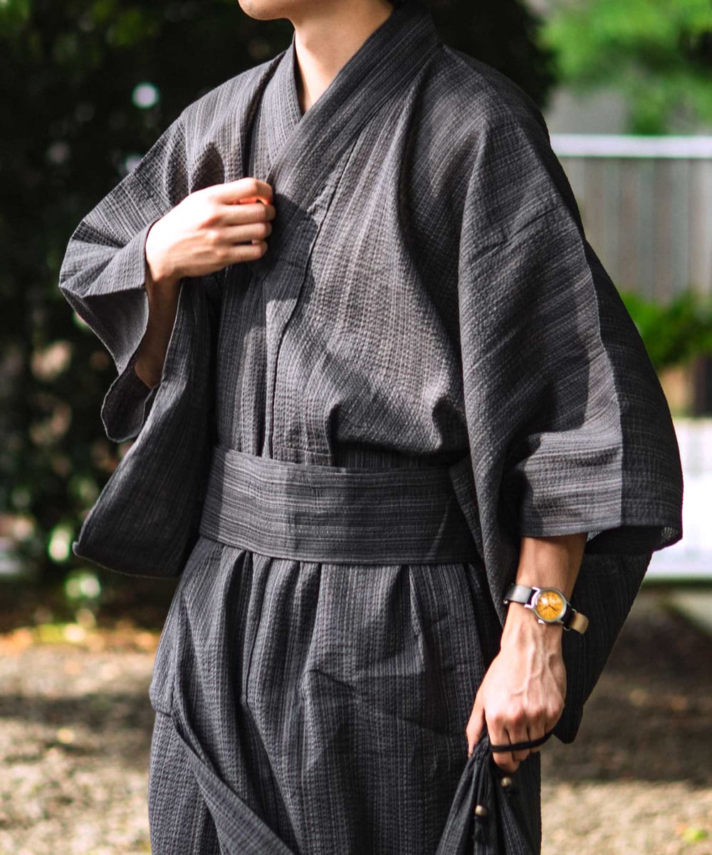 浴衣4点セット◇綿麻しじら織り浴衣✖️波柄帯✖️天然石帯留