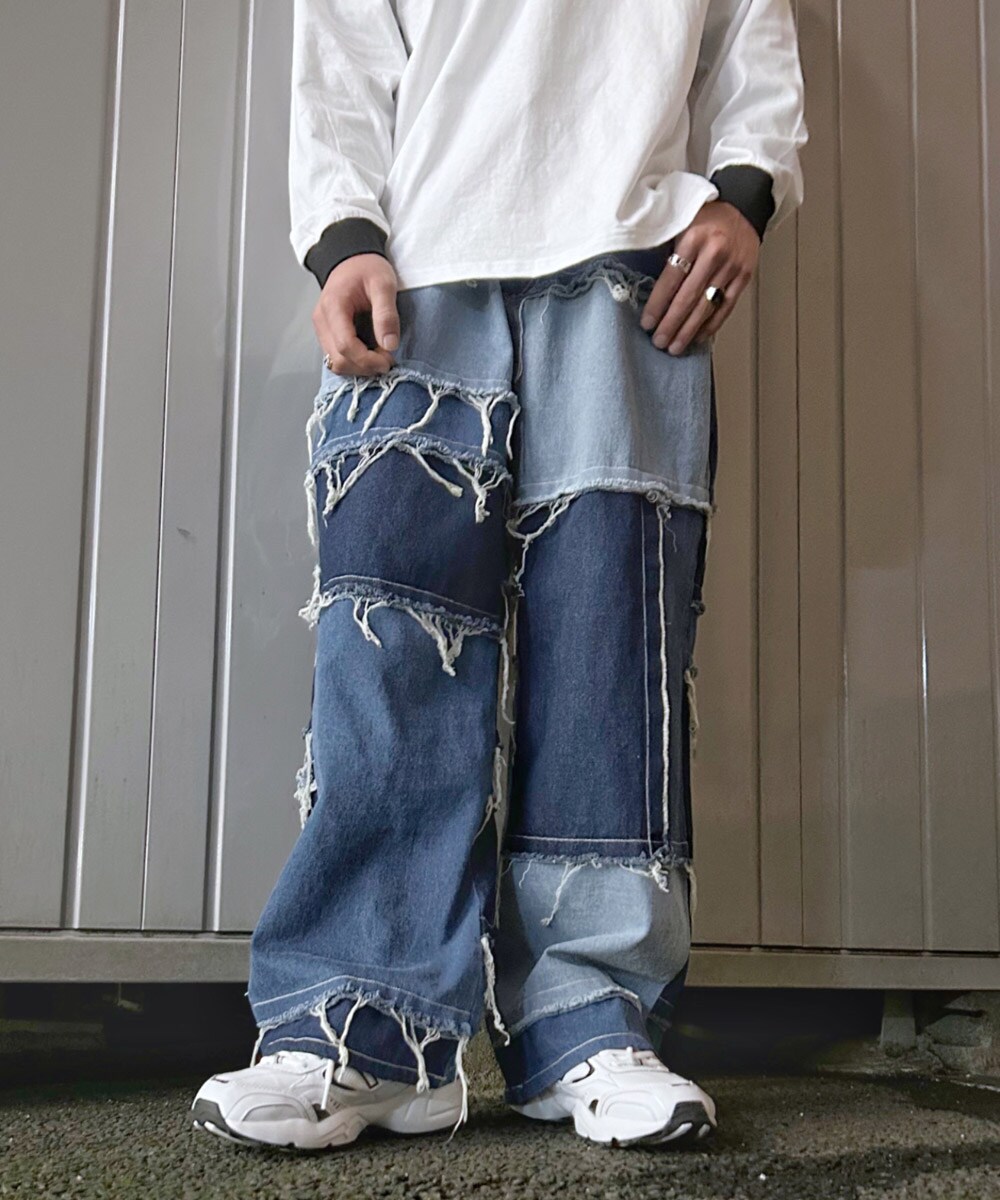 古着　リメイク　デニム　カットアウト　バルーン　個性派 ◎Outfit Remix ステッチバルーンインディゴデニム L2083 男性