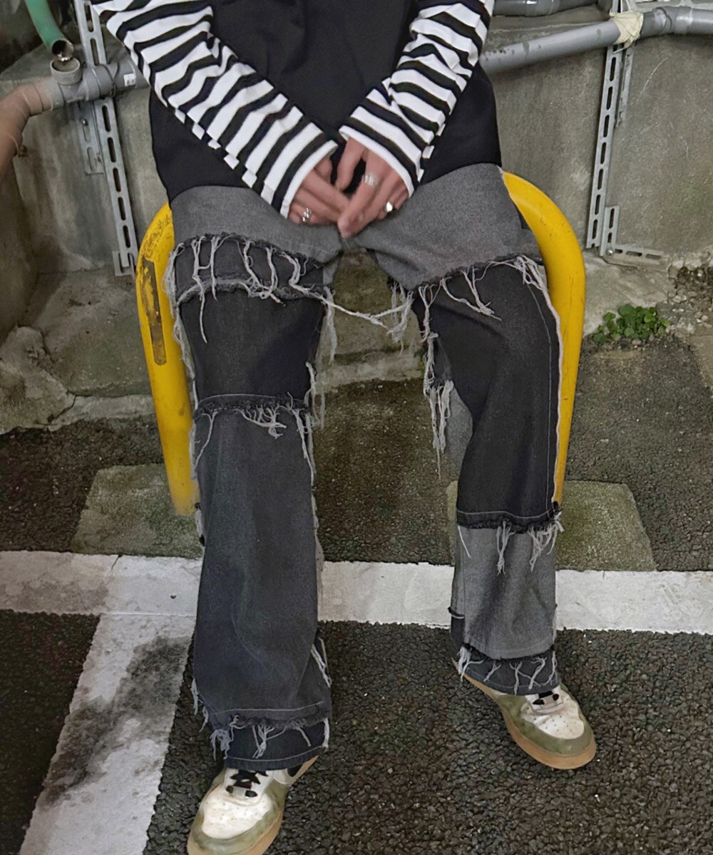 ヴィンテージ リメイク風 クレイジー 配色ワイドデニムパンツ