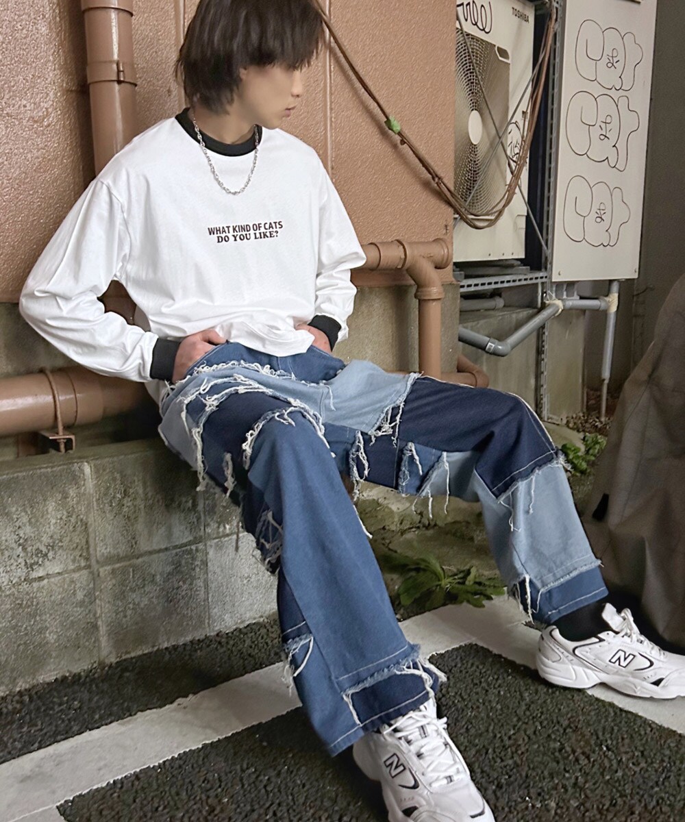 ヴィンテージ リメイク風 クレイジー 配色ワイドデニムパンツ
