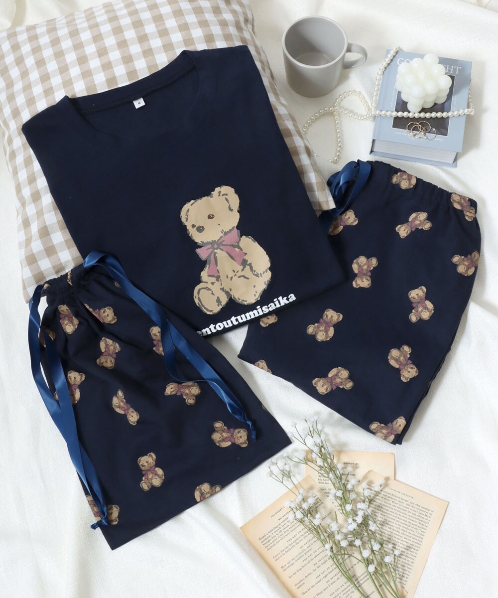 クマプリント ネイビー 長袖パジャマ 一点限定 くまさんプリント】 長袖 Tシャツ パジャマ ルームウェア