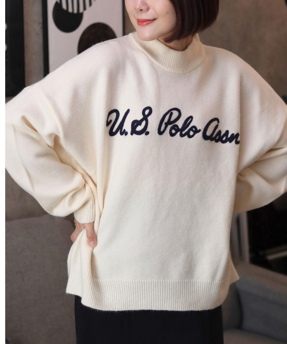 【胸元にチェーン刺繍】 モヘアライクニット モックネックプルオーバーセーター 胸元にチェーン刺繍】 モヘアライクニット モックネックプル