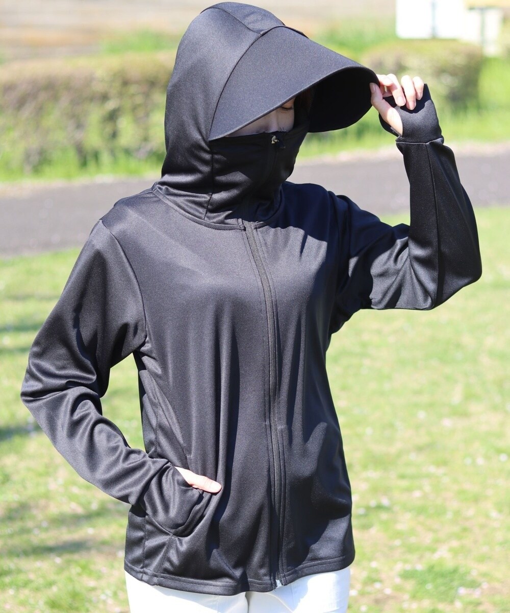 cpggolf フード付き　UVカット　長袖　パーカー　ハーフジップ　指穴　春夏 フェイスガード付き】 ツバ付きフード UVカットパーカー ジップ