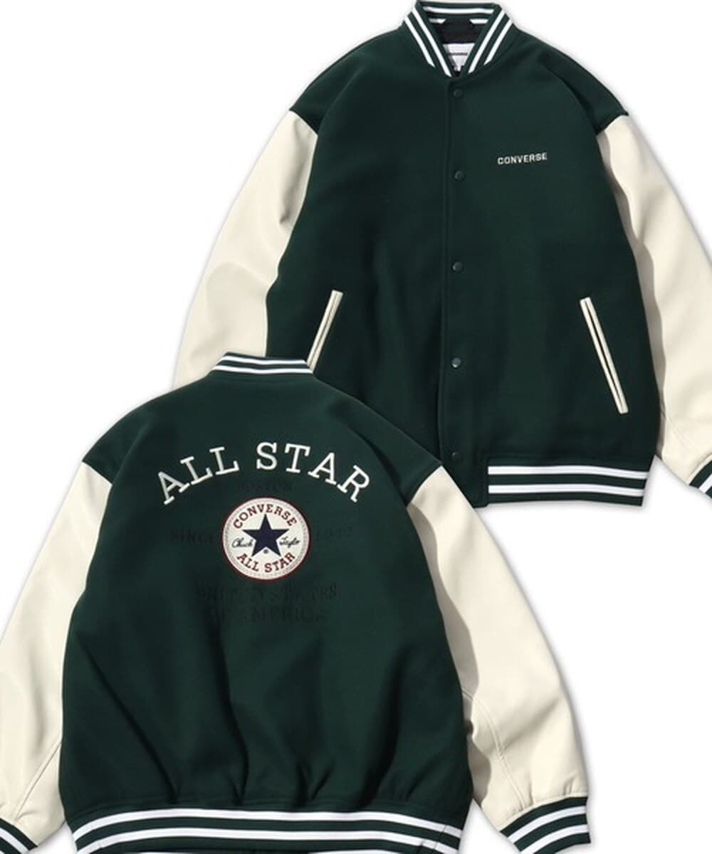 【メルトンウール/デニム】  袖フェイクレザー 切替 スタジャン スタジアムジャンパー