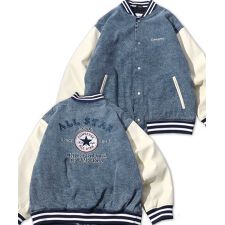 【メルトンウール/デニム】  袖フェイクレザー 切替 スタジャン スタジアムジャンパー