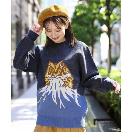 刺繍入りジャカードニットクルーネック厚みのあるセーター （刺繍入り 