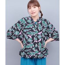 リーフプリントバンドカラーシャツ(大きいサイズ)
