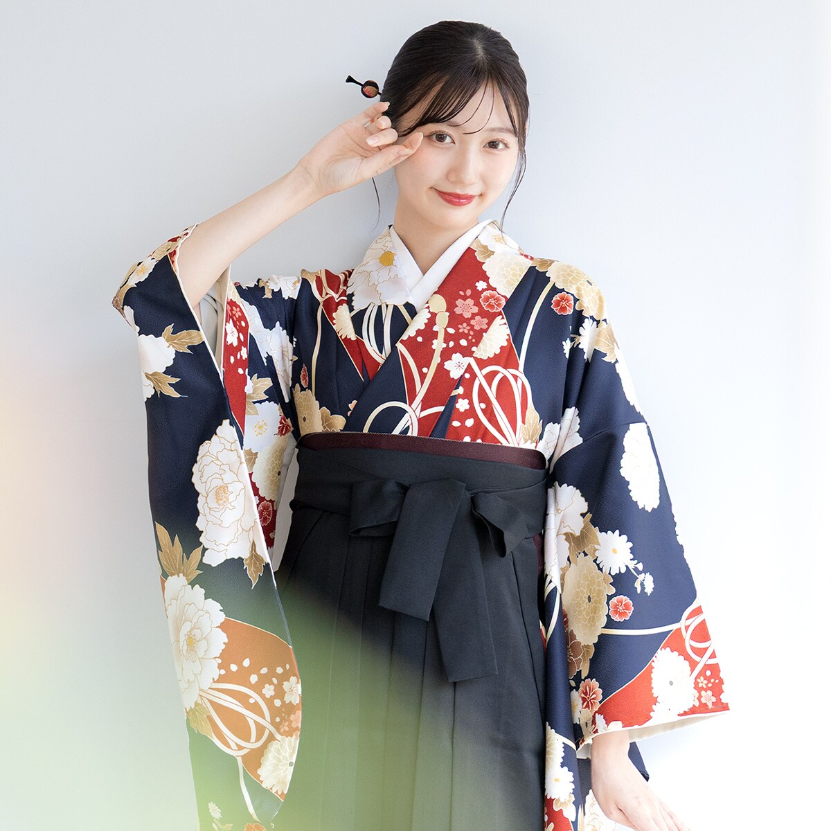4点セット（二尺袖+下帯+袴+襦袢）花和柄卒業式 （150センチ）