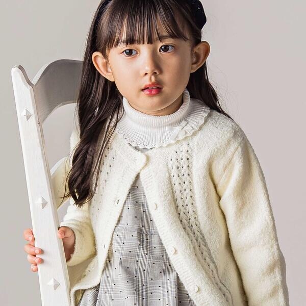 【お揃い】フロント編地の前ボタン長袖カーディガン(100~140cm)