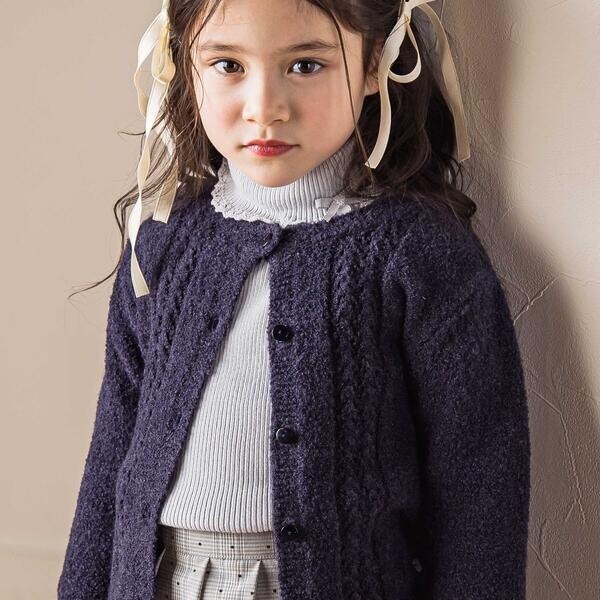 【お揃い】フロント編地の前ボタン長袖カーディガン(100~140cm)