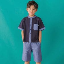 【店舗限定】カノコ+ダンガリー配色シャツ+ハーフパンツセット(95~150cm)<br>