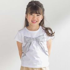 サテン風配色リボンモチーフ半袖Tシャツ(95~150cm)