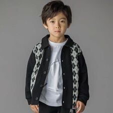 【お揃い】アーガイル+裏毛切り替え襟付きカーディガン(95~150cm)