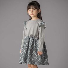 【お揃い】チェック柄裏毛ベロアリボンタックワンピース(95~150cm)