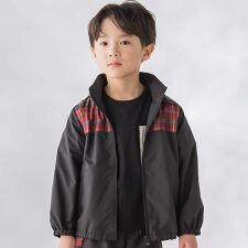 【お揃い】タフタ+チェック切り替えジップアップブルゾン(95~150cm)