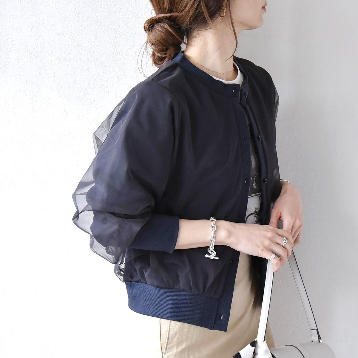 24AW【カランシエル】チュール ドッキング クルーネック カーディガンネイビー カランシエル quaranciel quaranciel:〈手洗い可能〉チュール