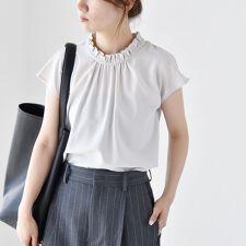 quaranciel:〈手洗い可能〉フレンチスリーブ フリル ハイネック 