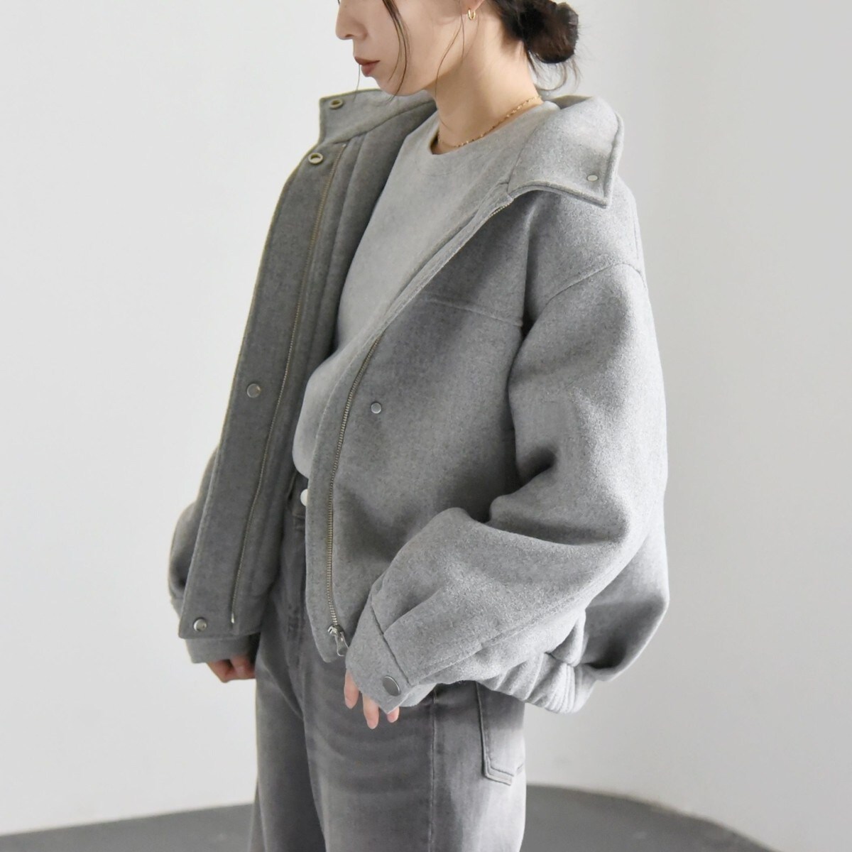 quaranciel: メルトン スタンドカラー ジップ ブルゾン コート