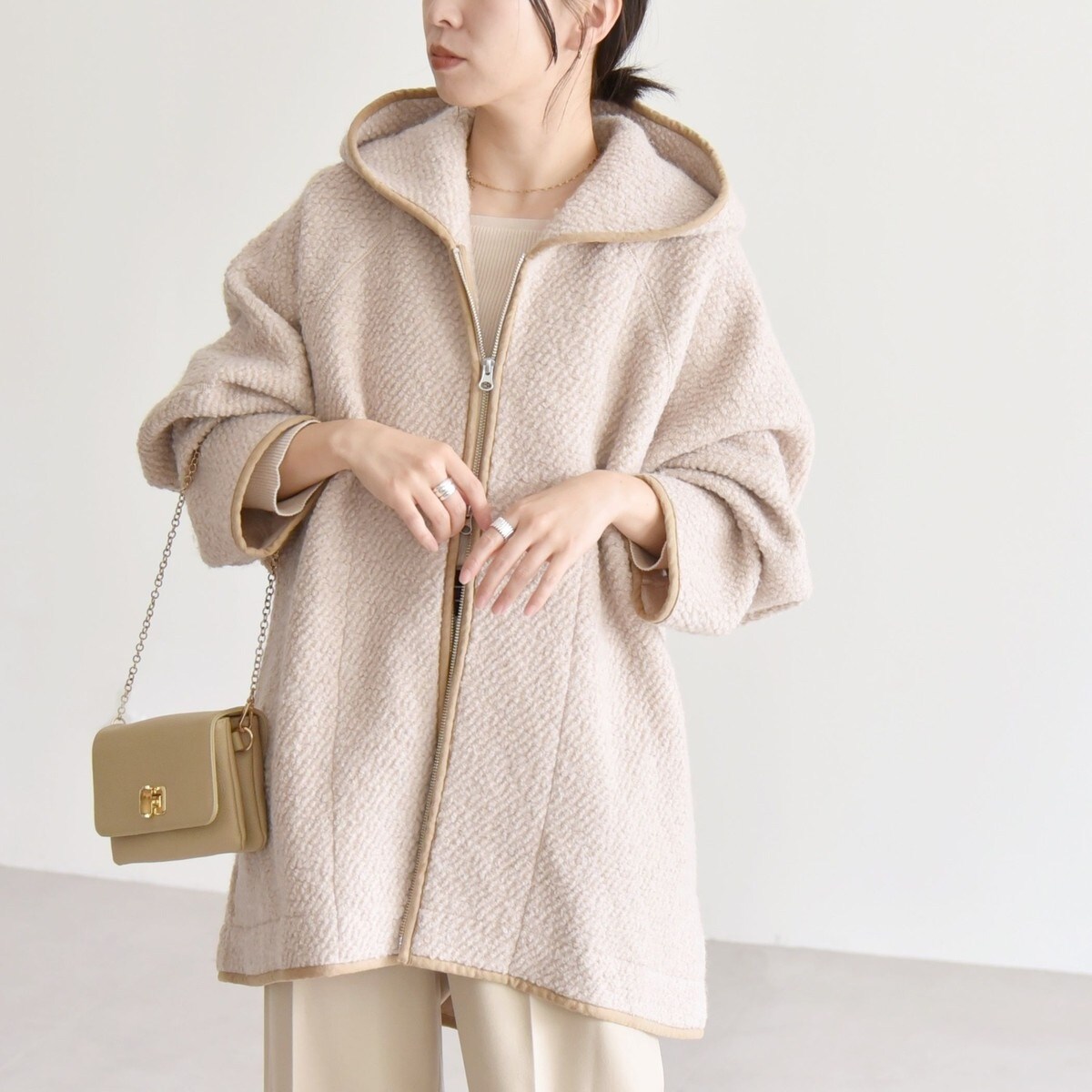 quaranciel: ループヤーン ダブルジップ フーデッド ケープ コート