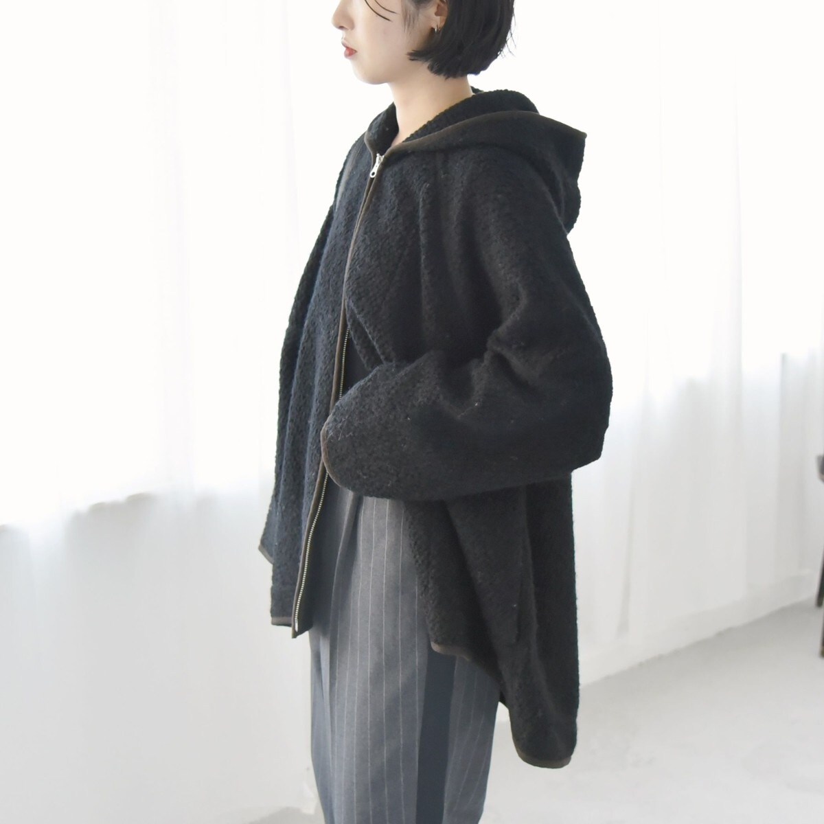 quaranciel: ループヤーン ダブルジップ フーデッド ケープ コート