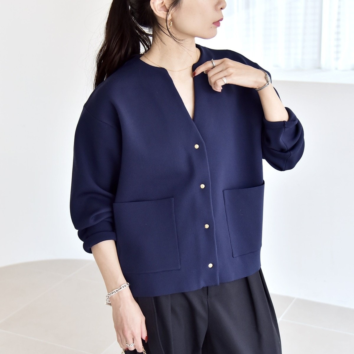 quaranciel:〈手洗い可能〉ノーカラー ポケット ニット ジャケット