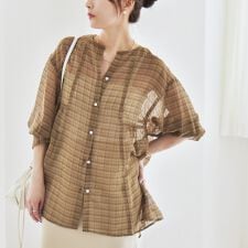 quaranciel:〈手洗い可能〉シアー チェック ノーカラー ハーフスリーブ ブラウス
