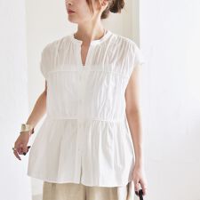 quaranciel:〈手洗い可能〉コットンボイル シアー ギャザー バンドカラー シャツ ブラウス