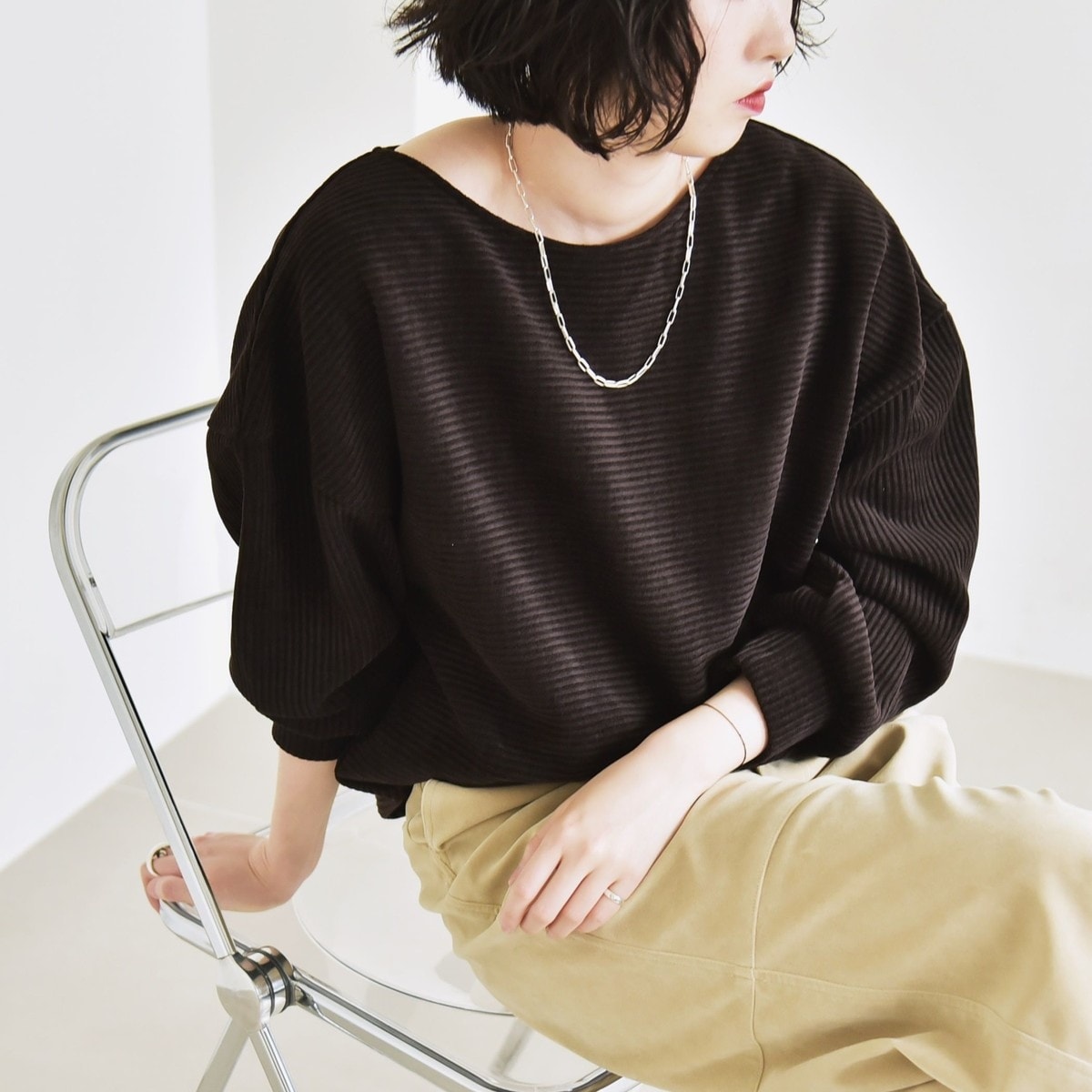 tシャツ quaranciel:「洗濯機可能」ポリエステル ベロア リブ コクーン コンパクト プルオーバー レディース 予約》quaranciel:〈洗濯機可能〉ポリエステル ベロア リブ