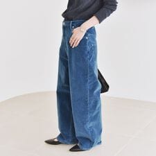 《予約》quaranciel:〈洗濯機可能〉コットン ベロア インディゴ ワイド パンツ