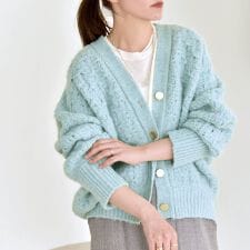 quaranciel: 透かし編み Vネック コンパクト ドルマンニットカーディガン