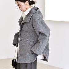 quaranciel: スタンドカラー フーデット ミディ コート