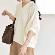 quaranciel:〈手洗い可能〉ケーブル ジャージー Vネック プルオーバー