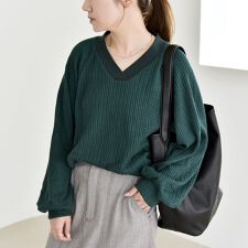 quaranciel:〈手洗い可能〉ケーブル ジャージー Vネック プルオーバー