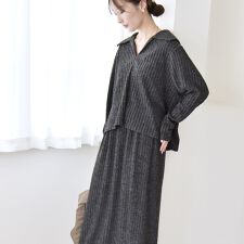 《予約》quaranciel: ポリエステル ベロア スキッパー ニット &  Iライン スカート