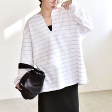 quaranciel:〈洗濯機可能〉ボーダー スキッパー ロングスリーブ プルオーバー