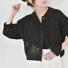 quaranciel:〈手洗い可能〉透かし編み 襟付き ニット カーディガン