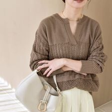 quaranciel:〈手洗い可能〉透かし編み スキッパー ニット プルオーバー