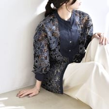 quaranciel:〈手洗い可能〉デニム フラワー レース バンドカラー シャツ