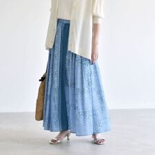 quaranciel:〈洗濯機可能〉フラワー スカーフ プリント ギャザー フレア スカート