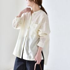 《予約》quaranciel:〈洗濯機可能〉リネン ミックス バンドカラー ポケット シャツ