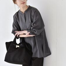 《予約》quaranciel:〈洗濯機可能〉リネン ミックス バンドカラー ポケット シャツ