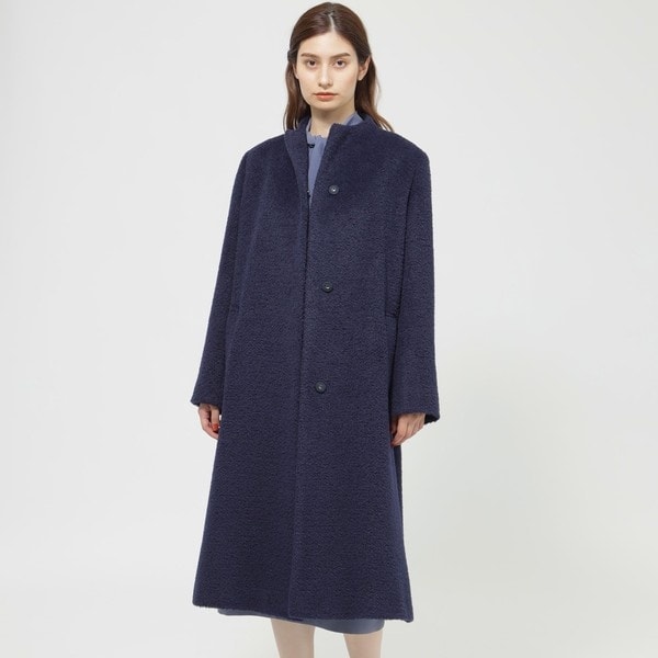 ポールスチュアート ノーカラー シャギーコート ロング ウール アルパカ 黒 アルパカウールシャギー コート | ポール・スチュアート(Paul