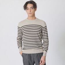 ボーダー柄ケーブルクルーネックセーター