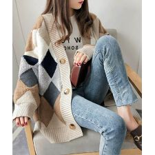 アーガイル柄のあったかボアニットカーディガン