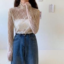 華やかハイネックメッシュ長袖トップス